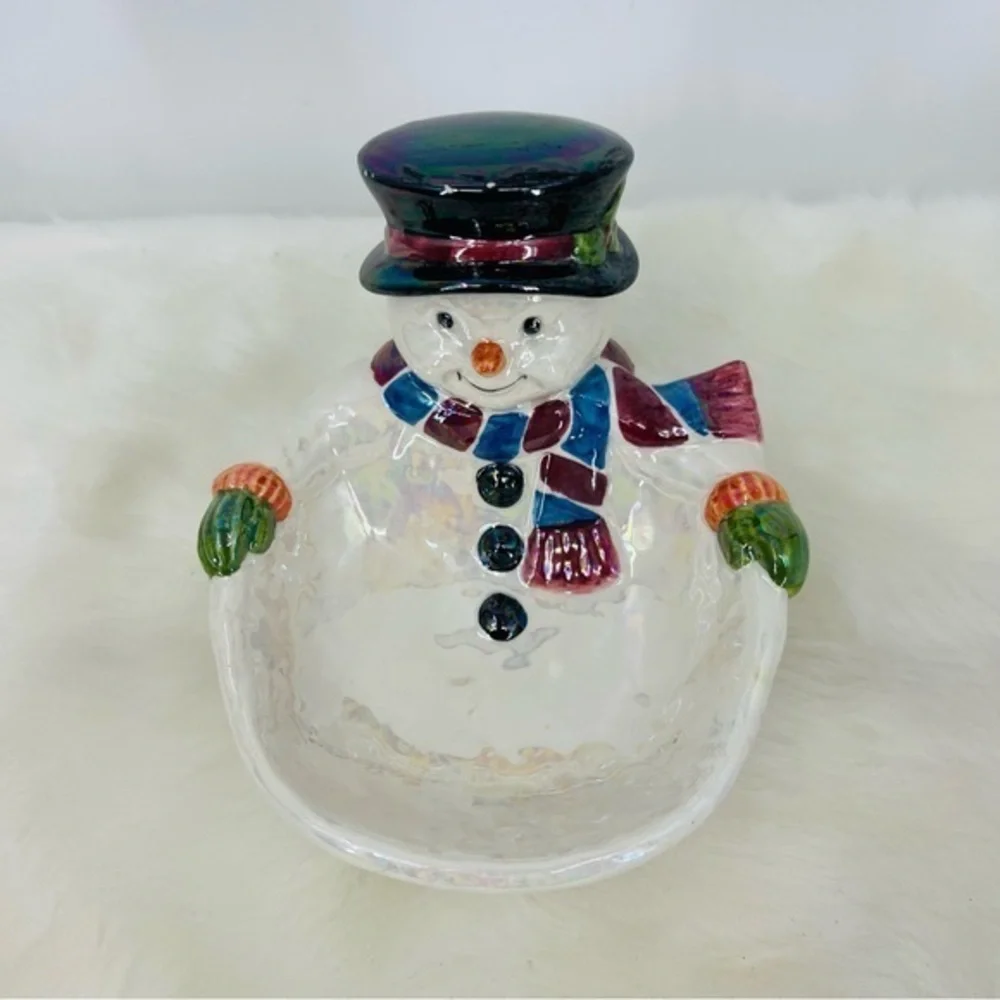 Iridescent Ceramic Snowman Candy Dish Holiday Winter Decor Pearlescent‎ Bowl